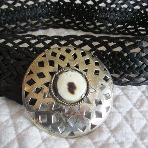SOUSSAN DESIGNS Black Braided Leather Belt with large buckle with stone